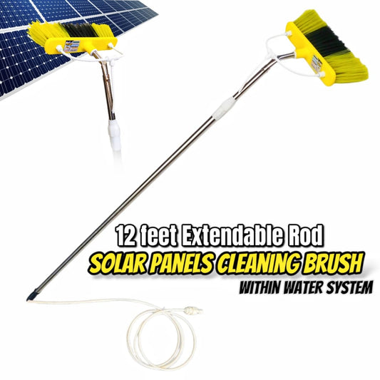 Solar Panel Cleaning Brush with Water System, 12 FT Adjustable non-magnetic STAINLESS STEEL Rod, Solar Panel Cleaning Brush and Outdoor Window Washing Brush